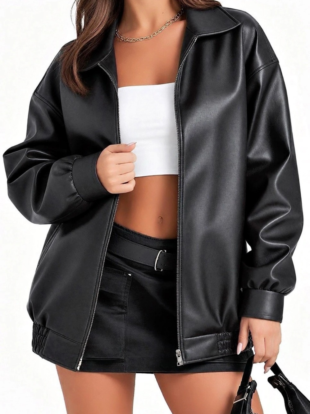 Women's Black Oversized Faux Leather
Jacket Medium Zip Front